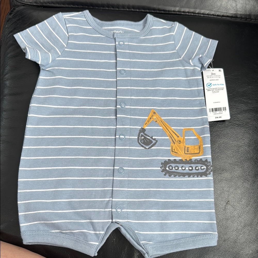 Striped Blue Baby Romper with Excavator Design 3 months